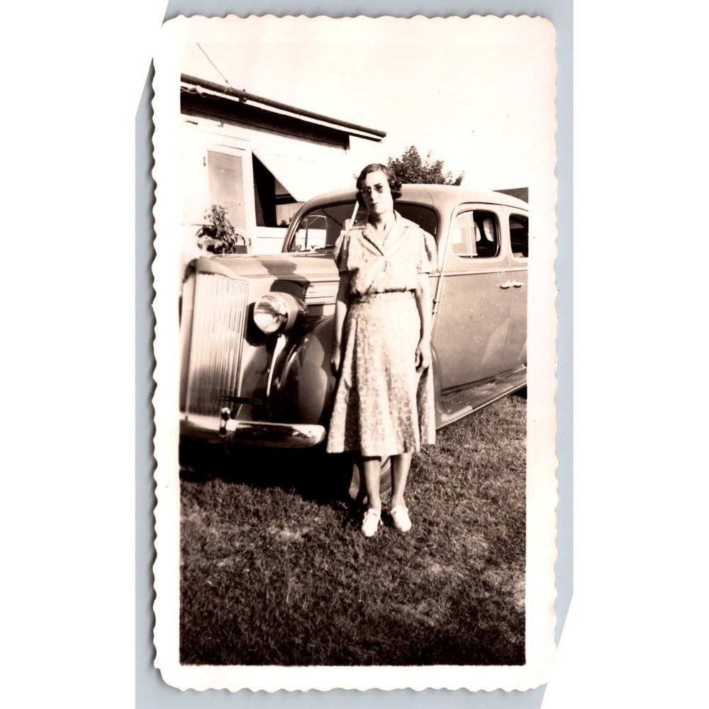 Woman Vintage Car 1940s Snapshot Photograph Residential House Americana 1941